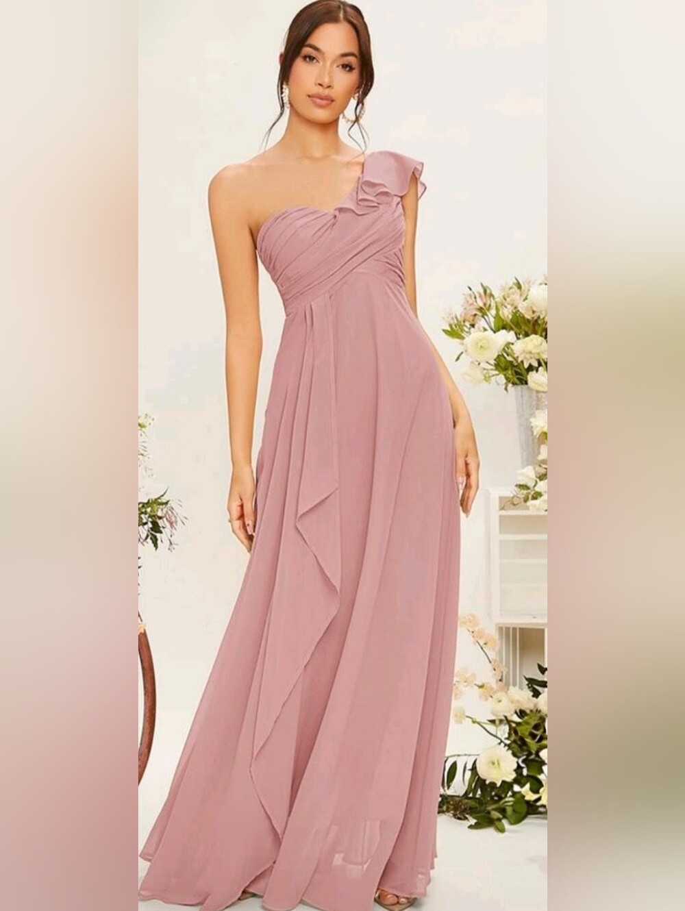 One-Shoulder Dusty Rose Formal Gown with Ruffle Accent